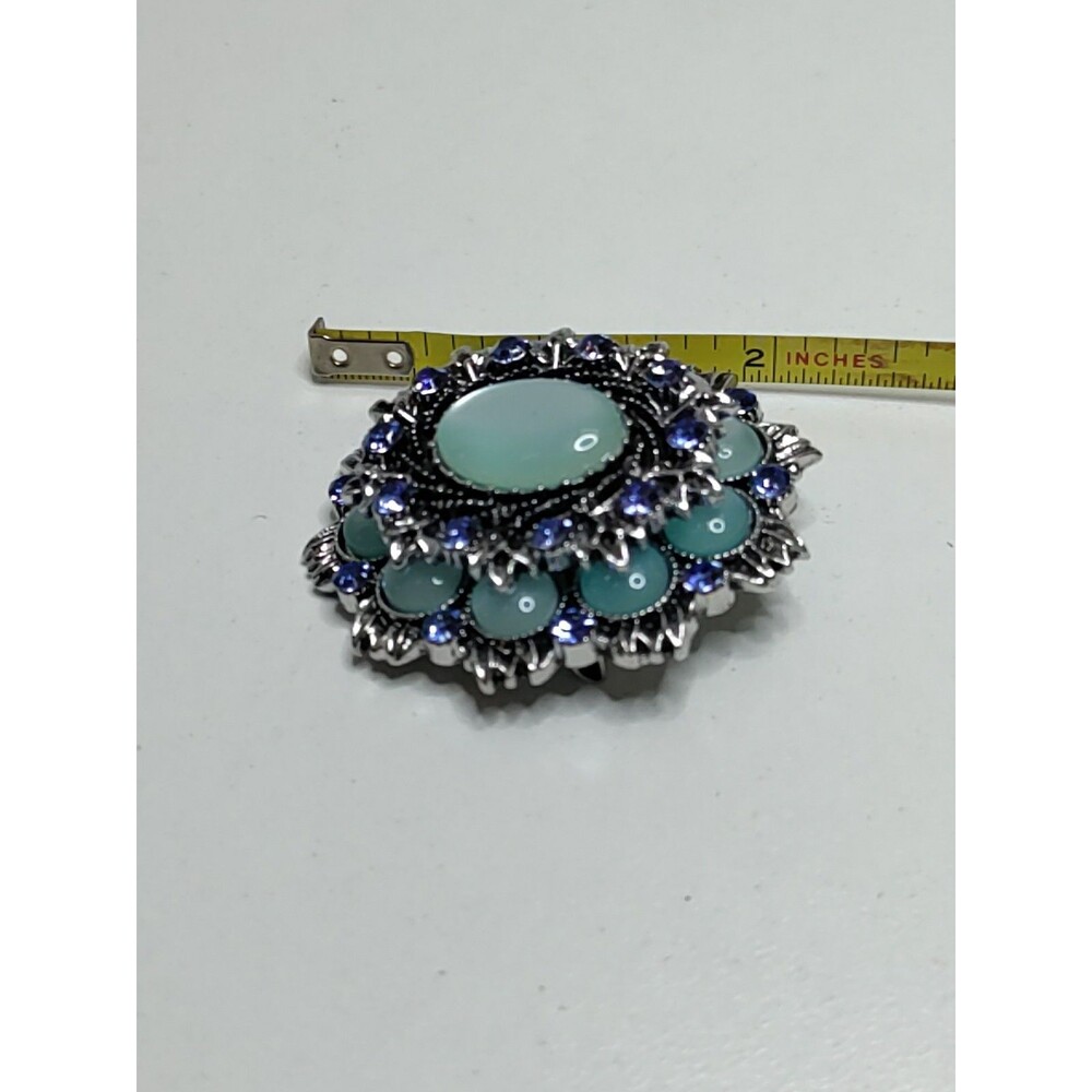 Oval 2 Tone Blue Rhinestone Brooch Fashion Brooch 2" X 1.75" 2 Layer - Picture 4 of 5